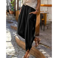 Best Women's Cotton Linen Pants with Side Pockets Wide-Leg Loose Casual Summer Fall White Light Blue S 2XL Women Pants