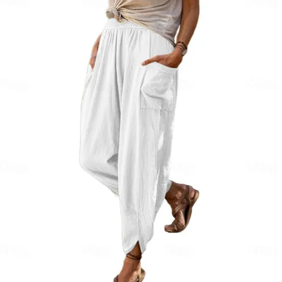 Best Women's Cotton Linen Pants with Side Pockets Wide-Leg Loose Casual Summer Fall White Light Blue S 2XL Women Pants