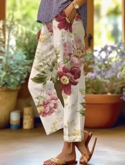 Online Women's Cotton Linen Pants Baggy Pants Linen Like Active Vintage Fashion Full Length High Waist Floral Graphic Animal Printing Thermal Warm Breathable Soft Micro-elastic Outdoor Daily Women Pants|Leggings
