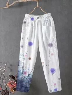 Outlet Women's Cotton Linen Pants Slacks Baggy Pants Comfort Chino Ankle-Length Medium Waist Flower Pocket Baggy Print Breathability Micro-elastic Outdoor Daily Light Pink White / White Black 4# Blue All Women Pants