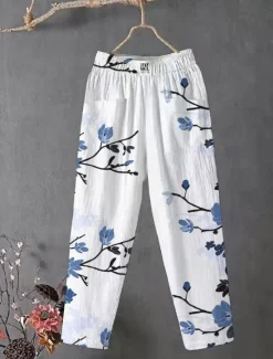 Outlet Women's Cotton Linen Pants Slacks Baggy Pants Comfort Chino Ankle-Length Medium Waist Flower Pocket Baggy Print Breathability Micro-elastic Outdoor Daily Light Pink White / White Black 4# Blue All Women Pants