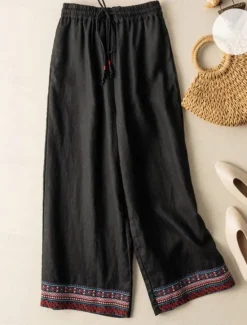 Hot Women's Cotton Linen Pants Chinos Pants Trousers Fashion Ethnic Style Basic Full Length High Waist Floral Embroidered Pocket Drawstring Comfort Outdoor Micro-elastic Vacation Street Daily Apricot Women Pants|Pants
