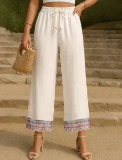 Hot Women's Cotton Linen Pants Chinos Pants Trousers Fashion Ethnic Style Basic Full Length High Waist Floral Embroidered Pocket Drawstring Comfort Outdoor Micro-elastic Vacation Street Daily Apricot Women Pants|Pants