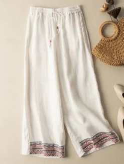 Hot Women's Cotton Linen Pants Chinos Pants Trousers Fashion Ethnic Style Basic Full Length High Waist Floral Embroidered Pocket Drawstring Comfort Outdoor Micro-elastic Vacation Street Daily Apricot Women Pants|Pants