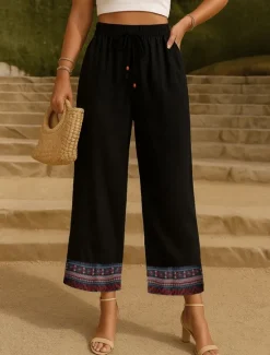 Hot Women's Cotton Linen Pants Chinos Pants Trousers Fashion Ethnic Style Basic Full Length High Waist Floral Embroidered Pocket Drawstring Comfort Outdoor Micro-elastic Vacation Street Daily Apricot Women Pants|Pants