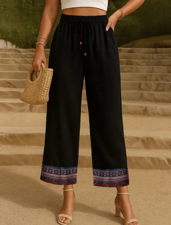 Hot Women's Cotton Linen Pants Chinos Pants Trousers Fashion Ethnic Style Basic Full Length High Waist Floral Embroidered Pocket Drawstring Comfort Outdoor Micro-elastic Vacation Street Daily Apricot Women Pants|Pants