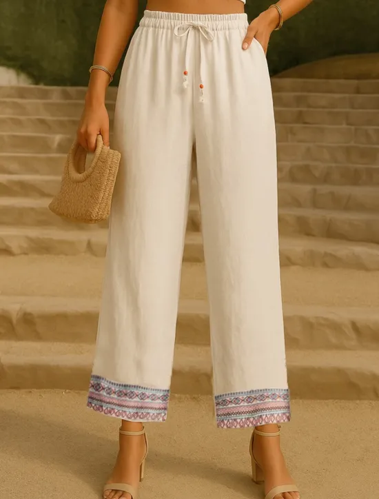 Hot Women's Cotton Linen Pants Chinos Pants Trousers Fashion Ethnic Style Basic Full Length High Waist Floral Embroidered Pocket Drawstring Comfort Outdoor Micro-elastic Vacation Street Daily Apricot Women Pants|Pants