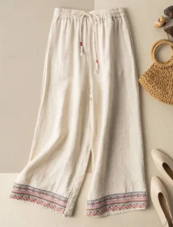 Hot Women's Cotton Linen Pants Chinos Pants Trousers Fashion Ethnic Style Basic Full Length High Waist Floral Embroidered Pocket Drawstring Comfort Outdoor Micro-elastic Vacation Street Daily Apricot Women Pants|Pants