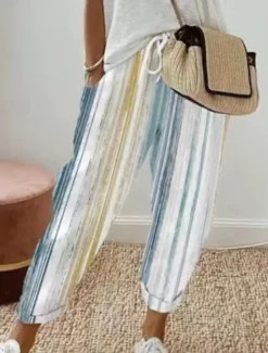 Online Women's Cotton Linen Pants Slacks Casual Full Length Natural Striped Pocket Elastic Drawstring Design Outdoor Comfortable Street Going out White Blue Khaki Summer Regular Fit Women Pants
