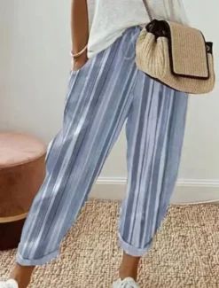 Online Women's Cotton Linen Pants Slacks Casual Full Length Natural Striped Pocket Elastic Drawstring Design Outdoor Comfortable Street Going out White Blue Khaki Summer Regular Fit Women Pants