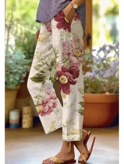 Women's Cotton Linen Pants Baggy Pants Linen Like Fashion Streetwear Full Length High Waist Floral Graphic Printing Thermal Warm Breathable Soft Micro-elastic Outdoor Daily Fall Winter Women Pants|Leggings