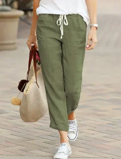 Online Women's Cotton Linen Pants Chinos Slacks Basic Comfort Ankle-Length Mid Waist Solid Colored Pocket Drawstring Baggy Breathability Lightweight Inelastic Christmas Work Office / Career Black Green Women Pants