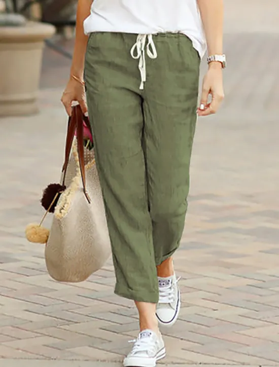 Online Women's Cotton Linen Pants Chinos Slacks Basic Comfort Ankle-Length Mid Waist Solid Colored Pocket Drawstring Baggy Breathability Lightweight Inelastic Christmas Work Office / Career Black Green Women Pants