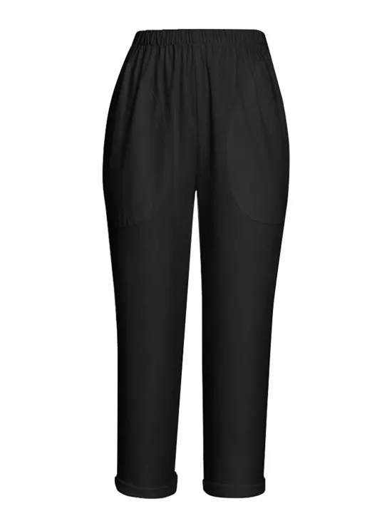 Online Women's Cotton Linen Pants Chinos Slacks Basic Comfort Ankle-Length Mid Waist Solid Colored Pocket Drawstring Baggy Breathability Lightweight Inelastic Christmas Work Office / Career Black Green Women Pants