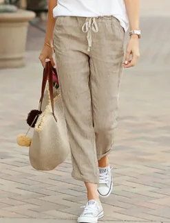 Online Women's Cotton Linen Pants Chinos Slacks Basic Comfort Ankle-Length Mid Waist Solid Colored Pocket Drawstring Baggy Breathability Lightweight Inelastic Christmas Work Office / Career Black Green Women Pants