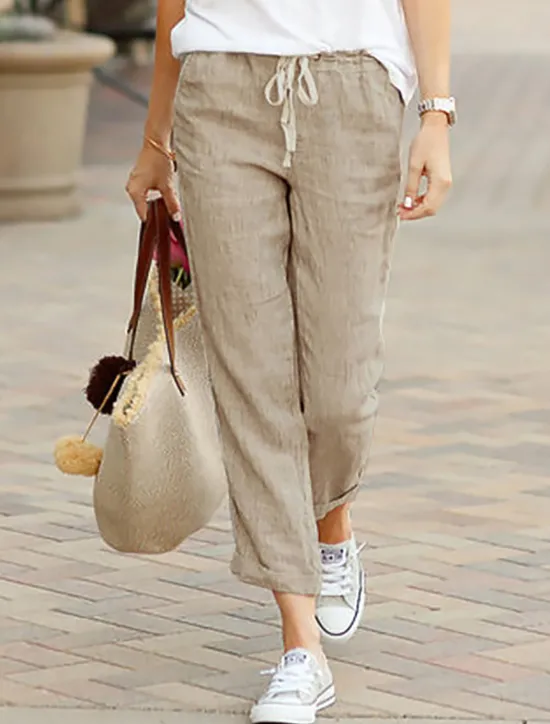 Online Women's Cotton Linen Pants Chinos Slacks Basic Comfort Ankle-Length Mid Waist Solid Colored Pocket Drawstring Baggy Breathability Lightweight Inelastic Christmas Work Office / Career Black Green Women Pants