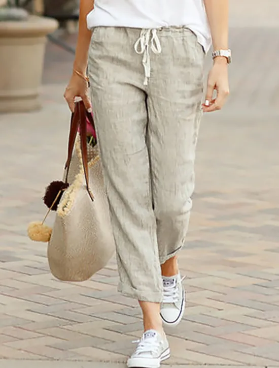 Online Women's Cotton Linen Pants Chinos Slacks Basic Comfort Ankle-Length Mid Waist Solid Colored Pocket Drawstring Baggy Breathability Lightweight Inelastic Christmas Work Office / Career Black Green Women Pants