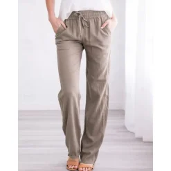Sale Women's Cotton Linen Pants Pants Trousers Casual Daily Full Length Plain Drawstring Side Pockets Breathability Comfortable Inelastic Going out Weekend Black White Yellow Burgundy Spring & Summer Women Pants