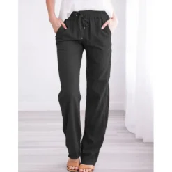 Sale Women's Cotton Linen Pants Pants Trousers Casual Daily Full Length Plain Drawstring Side Pockets Breathability Comfortable Inelastic Going out Weekend Black White Yellow Burgundy Spring & Summer Women Pants