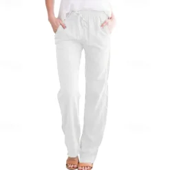 Sale Women's Cotton Linen Pants Pants Trousers Casual Daily Full Length Plain Drawstring Side Pockets Breathability Comfortable Inelastic Going out Weekend Black White Yellow Burgundy Spring & Summer Women Pants