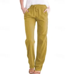Sale Women's Cotton Linen Pants Pants Trousers Casual Daily Full Length Plain Drawstring Side Pockets Breathability Comfortable Inelastic Going out Weekend Black White Yellow Burgundy Spring & Summer Women Pants