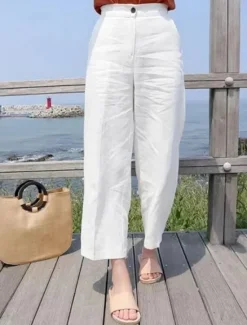 Online Women's Cotton Linen Pants Pants Trousers Fashion Ankle-Length Plain Side Pockets Breathability Comfortable Inelastic Casual Daily Black White Khaki Beige Spring & Fall Women Pants