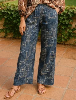 Outlet Women's Cotton Linen Pants Wide Leg Chinos Vacation Vintage Ethnic Style Full Length Mid Waist Paisley Drawstring Elastic Waist Comfy Breathability Soft Inelastic Vacation Causal Casual Summer Women Pants|Pants