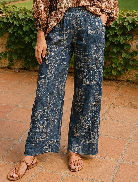Outlet Women's Cotton Linen Pants Wide Leg Chinos Vacation Vintage Ethnic Style Full Length Mid Waist Paisley Drawstring Elastic Waist Comfy Breathability Soft Inelastic Vacation Causal Casual Summer Women Pants|Pants
