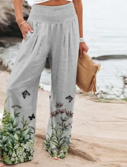 Discount Women's Cotton Linen Pants Wide Leg Chinos Vacation Vintage Ethnic Style Full Length High Waist Floral Pocket Elastic Waist Printing Comfort Outdoor Stretchy Street Causal Daily Grey Red Blue Dark Women Pants|Pants