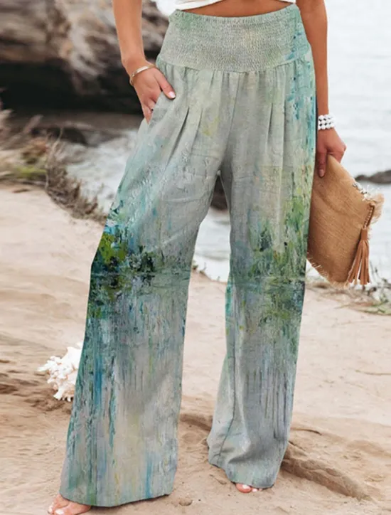 Discount Women's Cotton Linen Pants Wide Leg Chinos Vacation Vintage Ethnic Style Full Length High Waist Floral Pocket Elastic Waist Printing Comfort Outdoor Stretchy Street Causal Daily Grey Red Blue Dark Women Pants|Pants