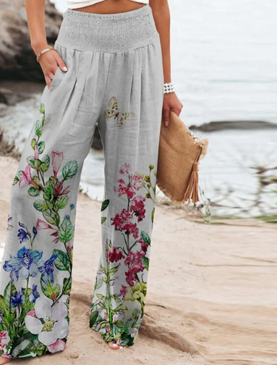 Discount Women's Cotton Linen Pants Wide Leg Chinos Vacation Vintage Ethnic Style Full Length High Waist Floral Pocket Elastic Waist Printing Comfort Outdoor Stretchy Street Causal Daily Grey Red Blue Dark Women Pants|Pants