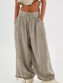 Clearance Women's Cotton Linen Pants Fashion Streetwear Comfort Full Length High Waist Plain Drawstring Elastic Waist Leg Drawstring Comfy Outdoor Comfortable Street Daily Wear Women Pants