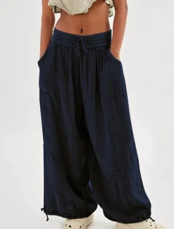 Clearance Women's Cotton Linen Pants Fashion Streetwear Comfort Full Length High Waist Plain Drawstring Elastic Waist Leg Drawstring Comfy Outdoor Comfortable Street Daily Wear Women Pants