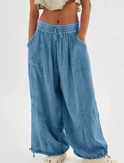 Clearance Women's Cotton Linen Pants Fashion Streetwear Comfort Full Length High Waist Plain Drawstring Elastic Waist Leg Drawstring Comfy Outdoor Comfortable Street Daily Wear Women Pants