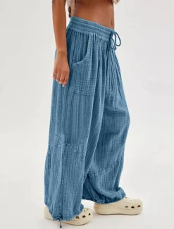 Clearance Women's Cotton Linen Pants Fashion Streetwear Comfort Full Length High Waist Plain Drawstring Elastic Waist Leg Drawstring Comfy Outdoor Comfortable Street Daily Wear Women Pants