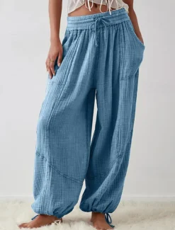 Clearance Women's Cotton Linen Pants Fashion Streetwear Comfort Full Length High Waist Plain Drawstring Elastic Waist Leg Drawstring Comfy Outdoor Comfortable Street Daily Wear Women Pants