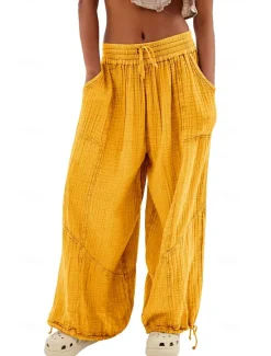 Clearance Women's Cotton Linen Pants Fashion Streetwear Comfort Full Length High Waist Plain Drawstring Elastic Waist Leg Drawstring Comfy Outdoor Comfortable Street Daily Wear Women Pants