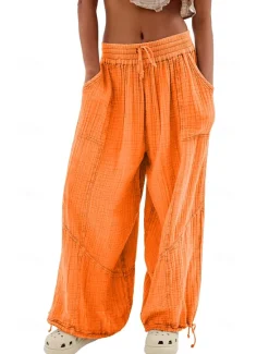 Clearance Women's Cotton Linen Pants Fashion Streetwear Comfort Full Length High Waist Plain Drawstring Elastic Waist Leg Drawstring Comfy Outdoor Comfortable Street Daily Wear Women Pants