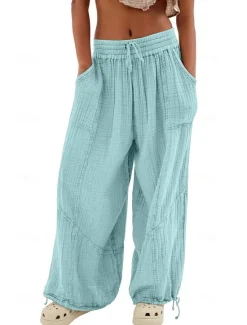 Clearance Women's Cotton Linen Pants Fashion Streetwear Comfort Full Length High Waist Plain Drawstring Elastic Waist Leg Drawstring Comfy Outdoor Comfortable Street Daily Wear Women Pants