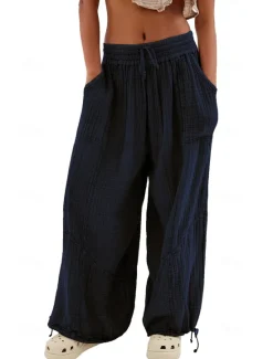 Clearance Women's Cotton Linen Pants Fashion Streetwear Comfort Full Length High Waist Plain Drawstring Elastic Waist Leg Drawstring Comfy Outdoor Comfortable Street Daily Wear Women Pants