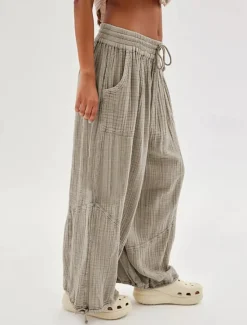 Clearance Women's Cotton Linen Pants Fashion Streetwear Comfort Full Length High Waist Plain Drawstring Elastic Waist Leg Drawstring Comfy Outdoor Comfortable Street Daily Wear Women Pants