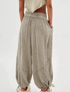 Clearance Women's Cotton Linen Pants Fashion Streetwear Comfort Full Length High Waist Plain Drawstring Elastic Waist Leg Drawstring Comfy Outdoor Comfortable Street Daily Wear Women Pants