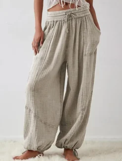 Clearance Women's Cotton Linen Pants Fashion Streetwear Comfort Full Length High Waist Plain Drawstring Elastic Waist Leg Drawstring Comfy Outdoor Comfortable Street Daily Wear Women Pants