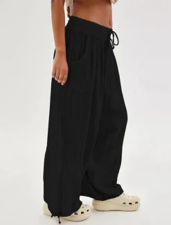 Clearance Women's Cotton Linen Pants Fashion Streetwear Comfort Full Length High Waist Plain Drawstring Elastic Waist Leg Drawstring Comfy Outdoor Comfortable Street Daily Wear Women Pants
