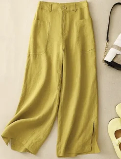 New Women's Cotton Linen Pants Wide Leg Chinos Vacation Vintage Fashion Full Length High Waist Plain Pocket Comfort Outdoor Inelastic Vacation Street Daily Yellow Orange Beige Summer Spring Fall Regular Women Pants|Pants