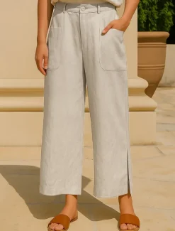 New Women's Cotton Linen Pants Wide Leg Chinos Vacation Vintage Fashion Full Length High Waist Plain Pocket Comfort Outdoor Inelastic Vacation Street Daily Yellow Orange Beige Summer Spring Fall Regular Women Pants|Pants