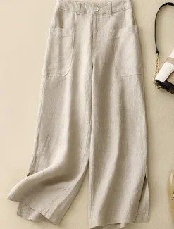 New Women's Cotton Linen Pants Wide Leg Chinos Vacation Vintage Fashion Full Length High Waist Plain Pocket Comfort Outdoor Inelastic Vacation Street Daily Yellow Orange Beige Summer Spring Fall Regular Women Pants|Pants