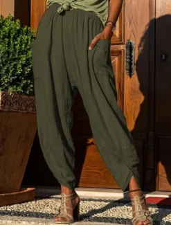 Clearance Women's Cotton Linen Pants Slacks Active Casual Full Length Natural Plain Pocket Elastic Waist Outdoor Comfortable Outdoor Daily Apricot Army Green Dark Gray Summer Regular Fit Women Pants