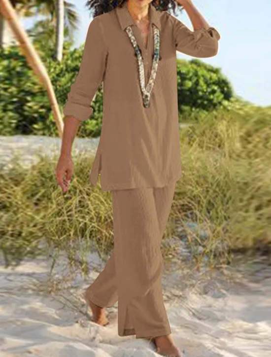 Clearance Women's Cotton Linen Sets Two Piece Sets Basic Casual Comfort Pure Color Shirt Pant Vacation Home Daily Long Sleeve Lapel Black Brown Khaki Dark Blue Summer Spring Women Sets