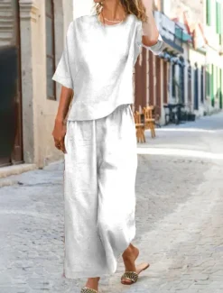 Online Women's Cotton Linen Sets Two Piece Sets Pure Color Hot Casual Comfort Home Daily Spring Fall Women Sets